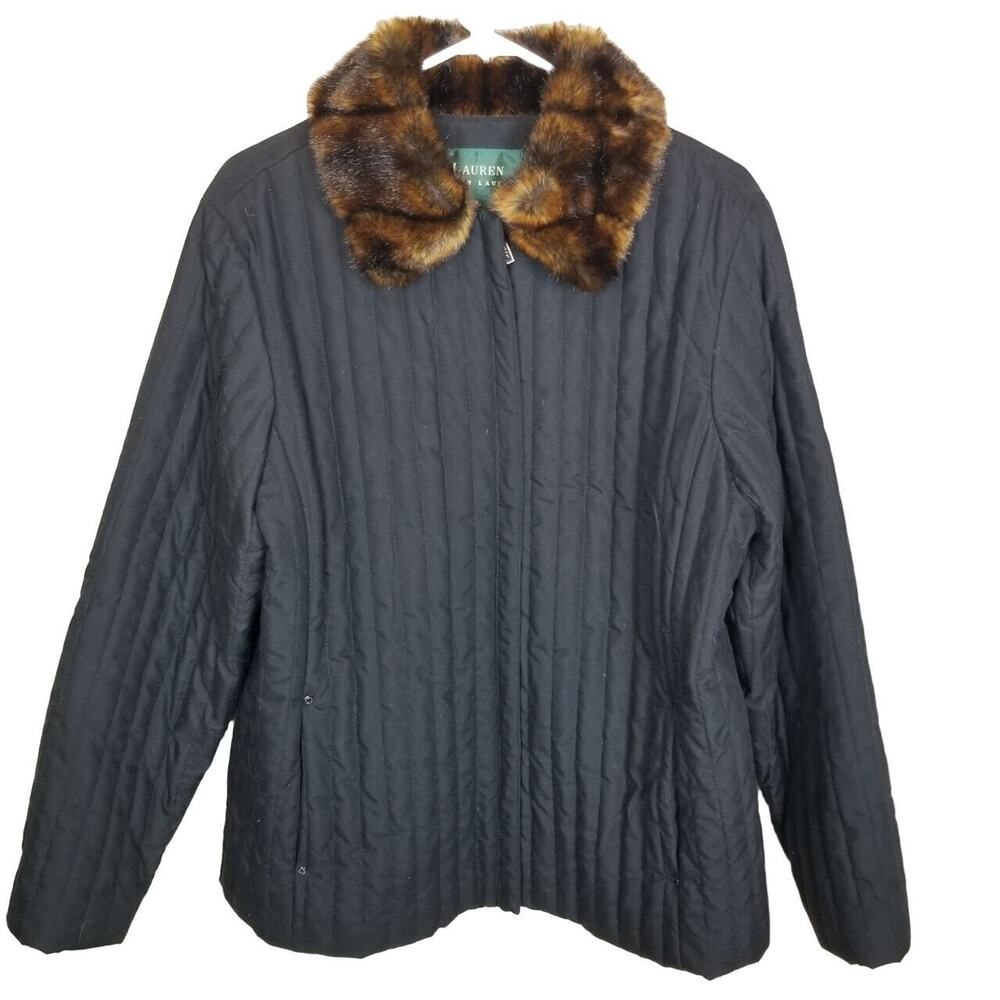 Lauren Ralph Lauren Womens Quilted Full Zip Jacket Size L Lined Faux Fur Collar
